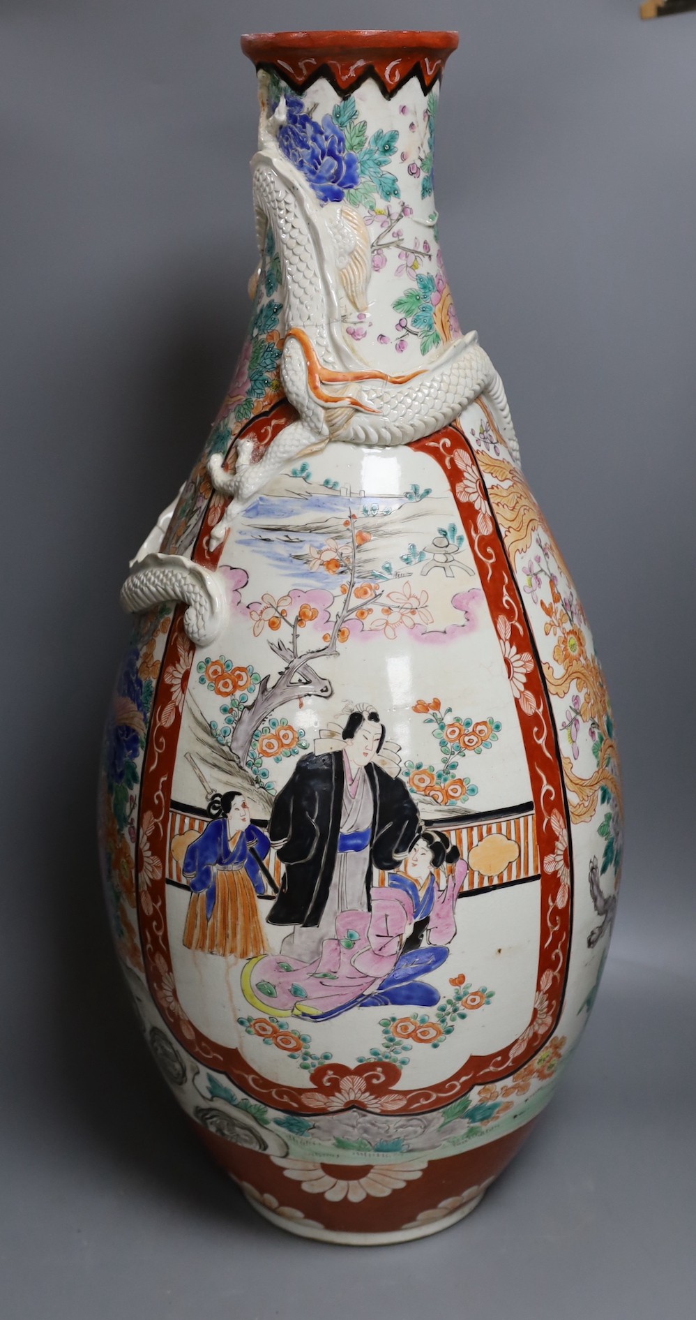 A large Japanese Kutani dragon bottle vase (restored) - 67cm tall